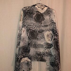 Ivory Purple Silver Black Leopard Blush Pink Rose Print Long Scarf Wrap